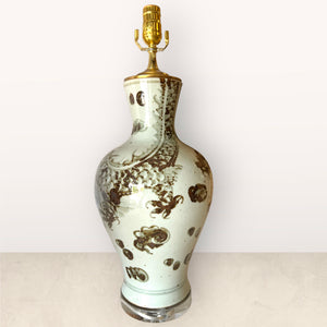 22” Brown and White Vase Lamp with Dragon Design