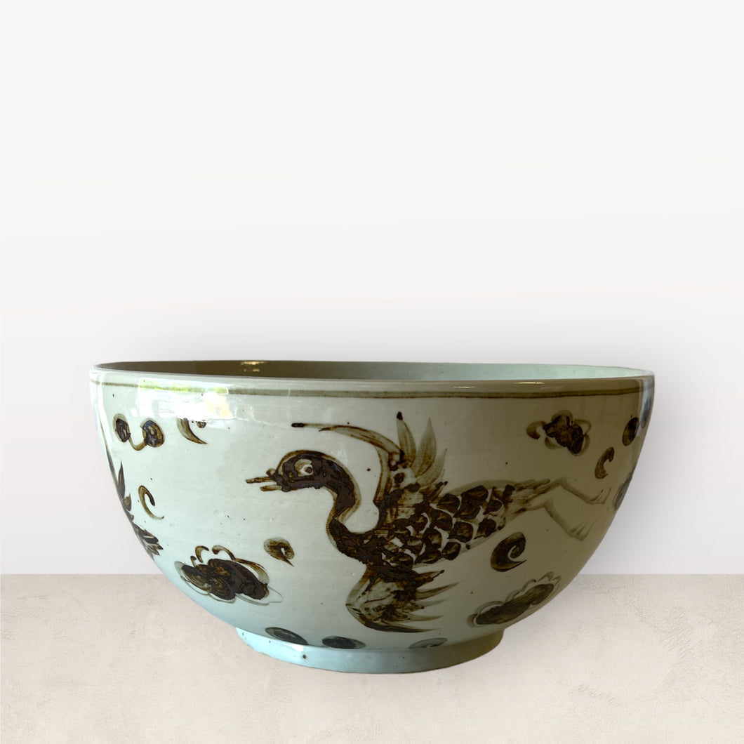 14” Brown and White Bowl with Bird Design