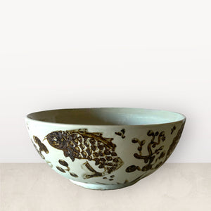 16” Brown and White Bowl with Fish Design