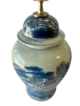 24” Blue and White general jar lamp with Pagoda motif